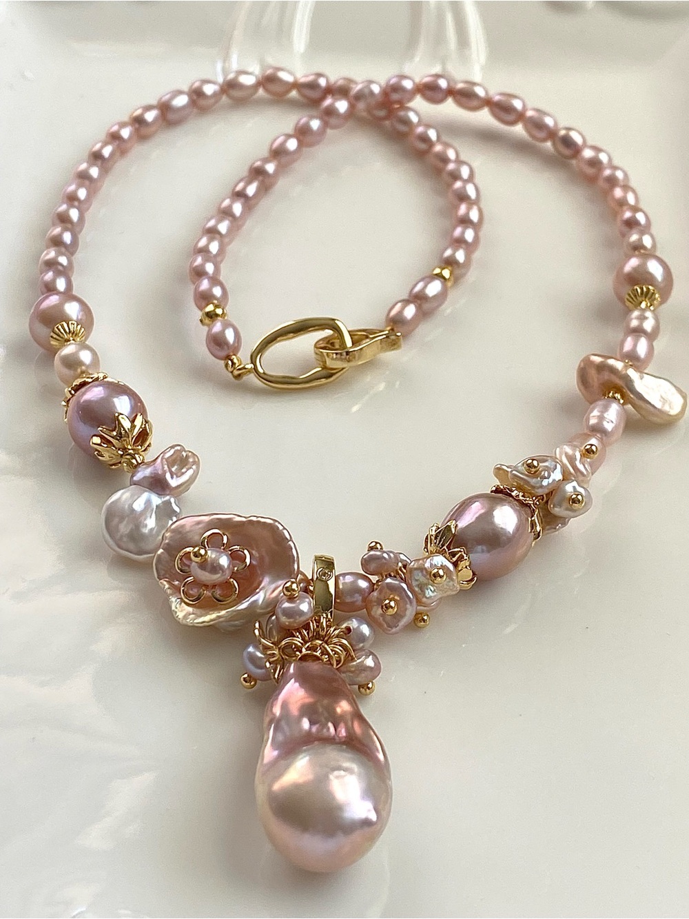 N301-Premium Sakura Pink Freshwater Pearl Necklace With Detachable Pendant
